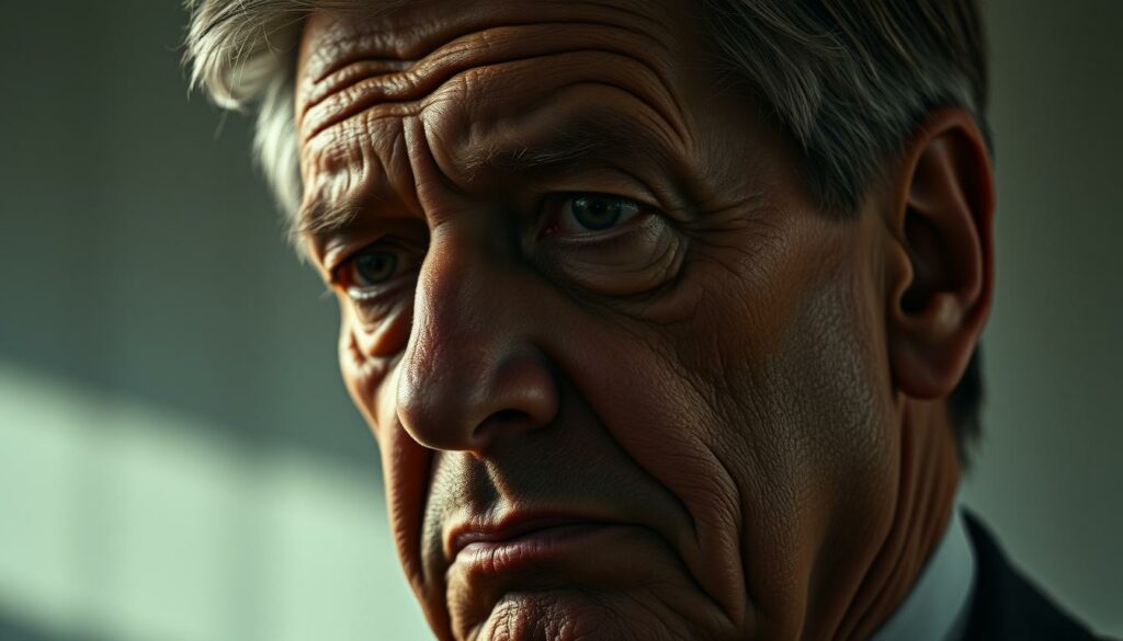 A portrait of a weary politician, the strain of their duties evident in their tired expression. Soft lighting from the side casts dramatic shadows, highlighting the creases and lines of their face. The background is blurred, placing the focus entirely on the subject's weathered features and faraway gaze, conveying a sense of introspection and the mental toll of public service. The composition is tight, creating an intimate, almost melancholic mood. The use of muted, earthy tones reinforces the sense of exhaustion and the personal challenges faced in the realm of politics and public health.