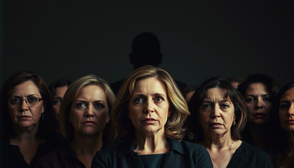 A powerful portrait of the MeToo movement's impact, captured through a group of determined women standing united against workplace abuse. In the foreground, their faces reflect a range of emotions - anger, defiance, and resolve. The middle ground features a shadowy figure representing the abuser, obscured by the women's collective stance. The background is a somber, muted palette, emphasizing the gravity of the issue. Dramatic chiaroscuro lighting casts dramatic shadows, heightening the sense of tension and struggle. Captured with a medium-format film camera, the image has a timeless, documentary-style quality, conveying the lasting significance of the MeToo movement's fight against power imbalances and misconduct.