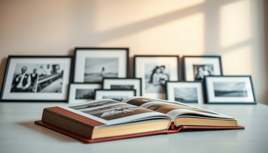 A professional photographer's portfolio, meticulously curated and presented with care. In the foreground, a classic leather-bound book with a textured cover, inviting the viewer to explore the captured moments within. The middle ground showcases a selection of fine art prints, each framed with a minimalist black border, showcasing the photographer's technical mastery and artistic vision. In the background, a wall of warm, natural lighting casts a soft glow, creating a serene and contemplative atmosphere. The overall composition exudes a sense of refined elegance, reflecting the photographer's dedication to their craft and the timeless quality of their work.
