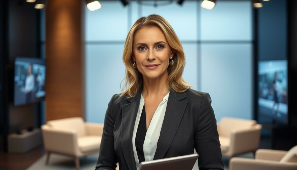 A professionally dressed woman, Elisabeth Seitz, stands confidently in a well-lit studio, her gaze directed towards the camera. She is a former gymnast, now an expert contributor for the ARD news network. Surrounding her are modern, minimalist furnishings, suggesting a polished, authoritative setting. Subtle hints of technology, such as a sleek microphone or tablet, imply her role as a media commentator. The lighting is soft yet directional, casting gentle shadows that accentuate her features and convey a sense of depth and dimension. The overall atmosphere is one of expertise, poise, and a contemporary, professional aesthetic.