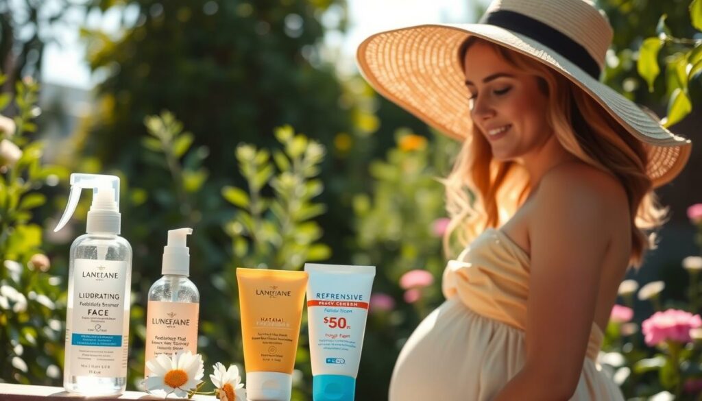 A radiant pregnant woman standing in a sun-dappled garden, her glowing skin accentuated by soft, flattering lighting. In the foreground, an array of refreshing summer beauty essentials - a hydrating face mist, a natural sunscreen, and a wide-brimmed sun hat. The middle ground features lush greenery and flowers, creating a serene, relaxing atmosphere. In the background, a gentle breeze sways the leaves, casting gentle shadows that complement the model's tranquil expression. The overall mood is one of effortless, natural beauty in the summertime.