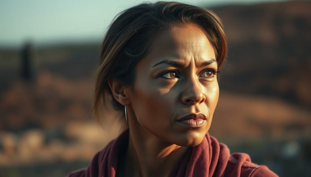 A resilient Kimberly Anne Scott, her face etched with determination, gazes steadfastly into the distance. Soft natural lighting illuminates her features, highlighting the strength and resolve in her eyes. In the middle ground, a backdrop of blurred, earthy tones evokes a sense of personal struggle, while the foreground is marked by a subtle glow, symbolizing her triumphs. The composition is balanced, with Kimberly's figure centered, conveying a sense of poise and inner peace. The overall atmosphere is one of quiet introspection, reflecting the depth of her experiences and the resilience that has carried her through.