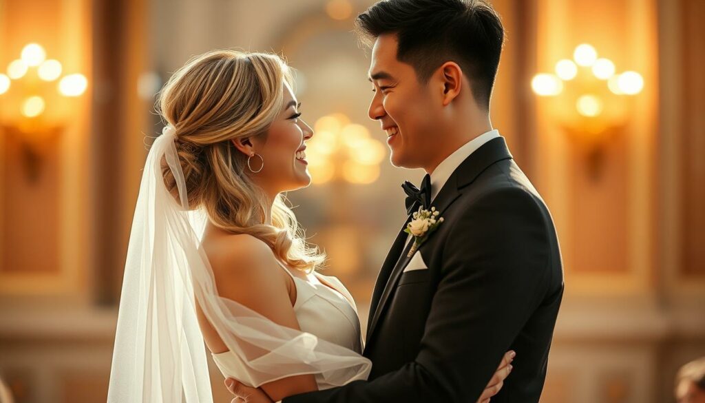 A romantic, candid wedding scene of Frederick Lau and Annika Lau. The couple stands embraced, gazing lovingly at each other, their faces aglow with joy and affection. Soft, warm lighting illuminates the intimate moment, casting a golden glow. The background is blurred, focusing the viewer's attention on the newlyweds. The bride wears a flowing, delicate white dress, her blonde hair styled in loose waves. The groom is dashing in a classic black tuxedo. The scene captures the tenderness and blissful spirit of their special day, a beautiful testament to their enduring love.