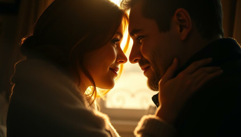 A romantic portrait of Elena Miras and Mike Heiter, their faces softly illuminated by warm, natural light. The couple is framed in a cozy, intimate setting, gazing into each other's eyes with a palpable emotional connection. The background is hazy and blurred, keeping the focus on their tender embrace. Subtle hints of their relationship journey are present, conveying a sense of intimacy, affection, and the bittersweet emotions of a past love. The overall mood is wistful and introspective, reflecting the section's title "Elena Miras' Liebesleben: Von Mike Heiter zur neuen Suche".