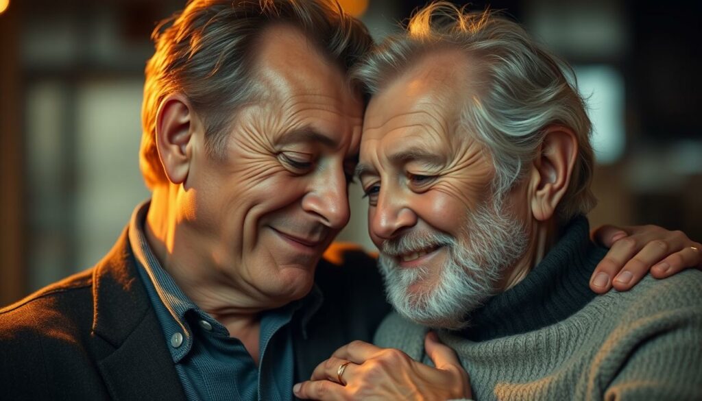 A romantic portrait of Hape Kerkeling and his longtime partner Dirk Henning, their affectionate embrace captured in warm, soft lighting. Hape's kind, gentle expression gazes lovingly at Dirk, who leans in close, their faces nearly touching. The background is blurred, drawing the viewer's focus to the intimacy of their connection. The image conveys a sense of deep, unwavering love and partnership, reflecting the profound bond between this iconic entertainer and his life's great love.