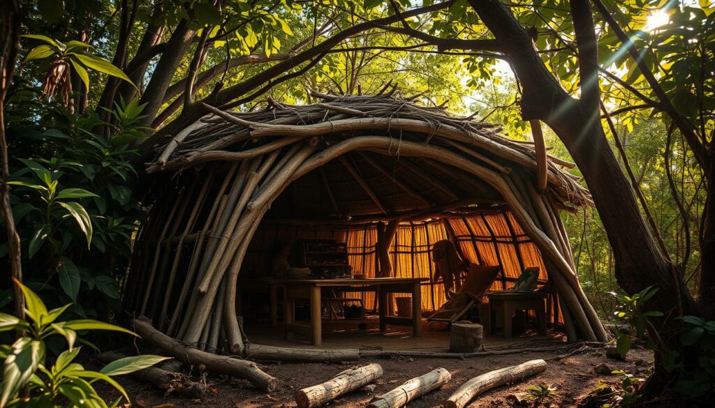 A secluded natural shelter nestled amidst lush foliage, crafted from robust branches, woven leaves, and earthy tones. Sunlight filters through the canopy, casting a warm, rustic glow upon the primitive structure. The shelter stands as a testament to humanity's ingenious survival instincts, blending seamlessly with the surrounding wilderness. Weathered textures and organic materials evoke a sense of timelessness, evoking the primal essence of bushcraft and the human connection to the natural world. A sturdy, weather-resistant haven, ready to provide essential protection in extreme conditions.
