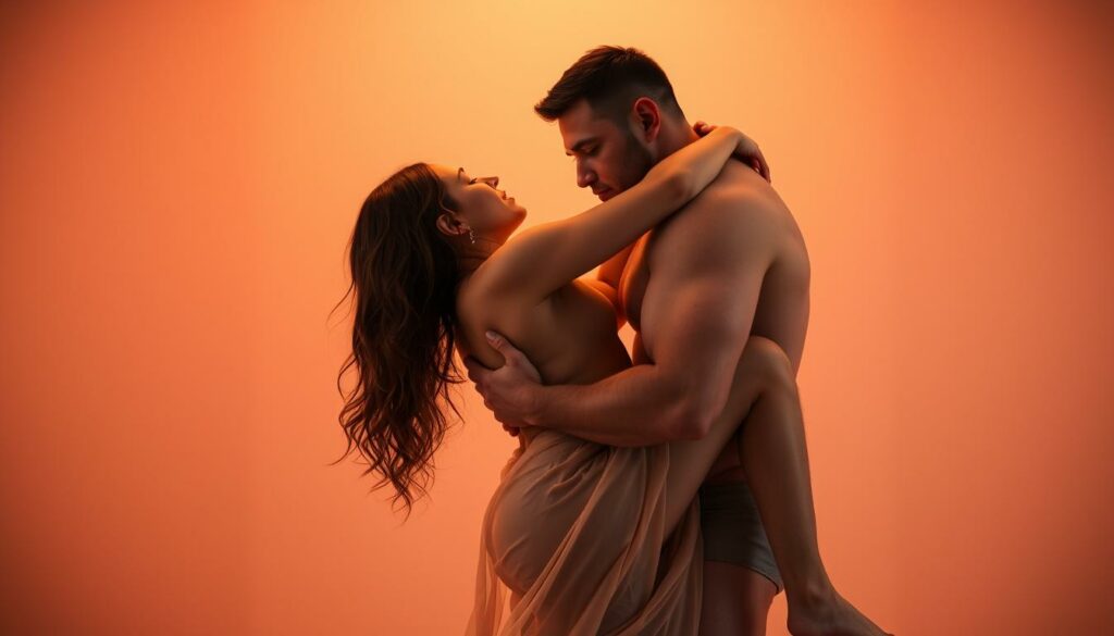 A sensual scene of two intertwined figures exploring intimate positions, their bodies gracefully entangled against a softly lit, romantic background. Warm, muted tones create an atmosphere of intimacy and passion. The figures' movements are fluid and organic, showcasing the possibilities of physical connection with a larger-than-average male physique. Soft, diffused lighting accentuates the curves and contours of their forms, capturing the artistry and sensuality of their lovemaking. A tasteful, artistic depiction of the subject matter, free of vulgarity or explicit content.