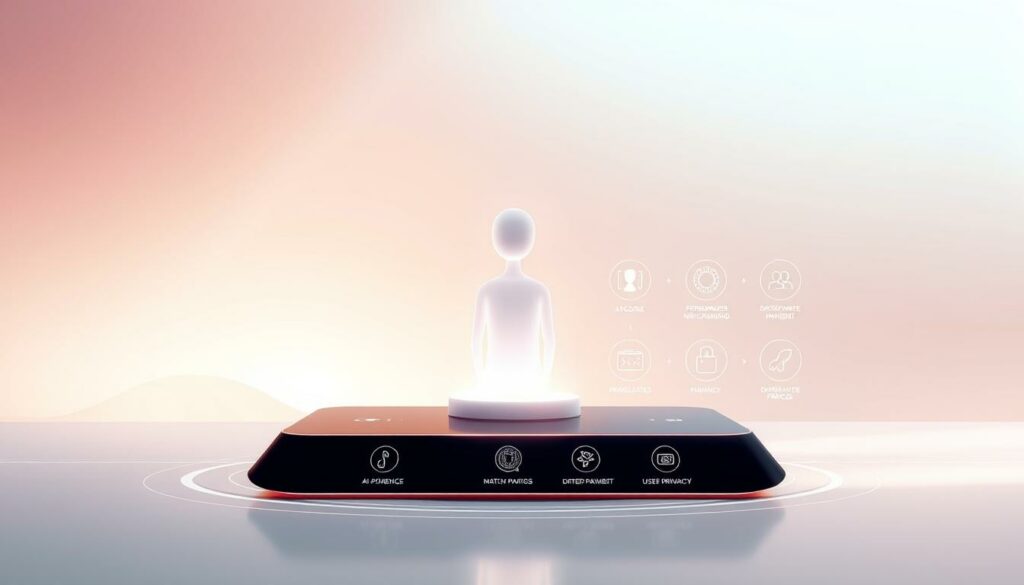 A serene and inviting digital illustration showcasing the benefits of the KI-Service for the intimate platform Intimcity. In the foreground, a stylized figure representing the AI-powered service sits atop a sleek, futuristic interface, emanating a soft, ethereal glow. The middle ground features a collection of elegant icons and graphics illustrating the service's key advantages, such as personalized matchmaking, discreet payments, and enhanced user privacy. The background sets the scene with a minimalist, pastel-toned backdrop, evoking a sense of modern sophistication and technological innovation. Lighting is soft and diffused, creating a calming, approachable atmosphere. The overall composition is balanced and visually harmonious, reflecting the seamless integration of the KI-Service within the Intimcity platform.