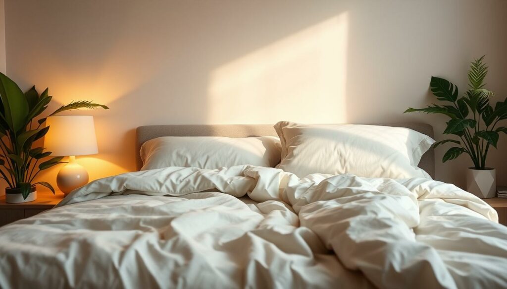 A serene bedroom scene with a cozy bed, dressed in soft, high-quality bedding. Warm, diffused lighting emanates from a bedside lamp, casting a comforting glow throughout the space. Lush, verdant plants adorn the room, adding a refreshing, natural touch. The bed is positioned against a soothing, neutral-toned wall, allowing the viewer's focus to be drawn to the restful, rejuvenating sleep experience. Subtle patterns and textures create visual interest, while the overall atmosphere evokes a sense of tranquility and relaxation. The scene conveys the importance of quality sleep for a healthy metabolism, supporting the article's message.