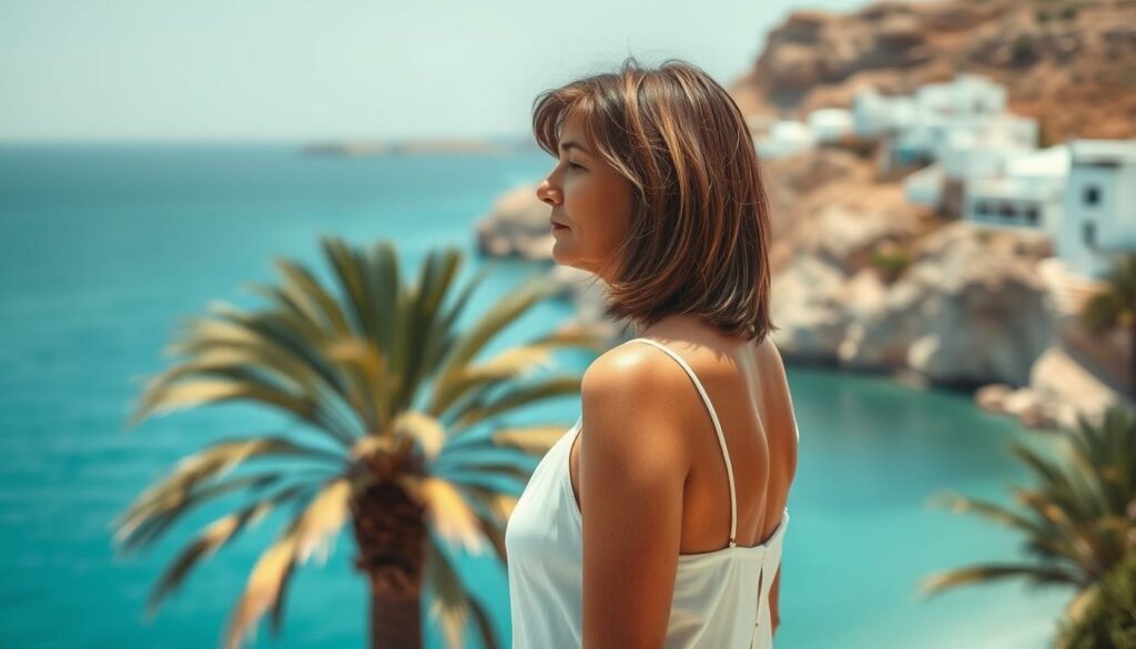 A serene coastal scene in Ibiza, Spain. In the foreground, a middle-aged woman with shoulder-length brown hair, dressed in a flowing white sundress, stands gazing pensively out at the azure waters of the Mediterranean. Her expression is contemplative, hinting at the challenges and triumphs of her past as a beloved 1980s pop star. The midground features lush, verdant palm trees swaying gently in the warm island breeze, while the background showcases the iconic whitewashed buildings and rocky cliffs that define the island's picturesque landscapes. Soft, diffused natural lighting creates a dreamlike, nostalgic atmosphere, capturing the essence of this private moment of reflection for the once-famous "Sängerin Sandra."