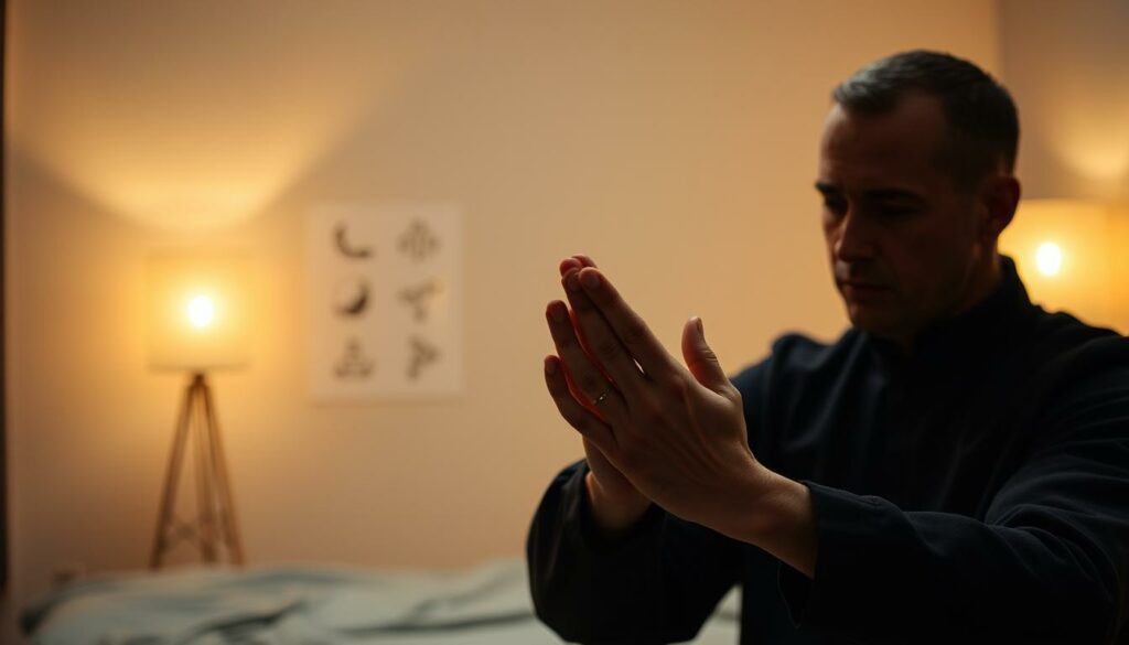 A serene, dimly lit bedroom scene. In the foreground, a man's hands delicately perform the jelqing technique, focusing intently on his movements. The middle ground features a subtle visual guide, illustrating the proper hand positioning and stroke pattern. In the background, soft, diffused lighting creates a calming, therapeutic atmosphere, emphasizing the importance of a relaxed, mindful approach to this practice. The overall mood is one of care, control, and personal empowerment, reflecting the "Wichtige Tipps für sicheres Jelqing" section of the article.