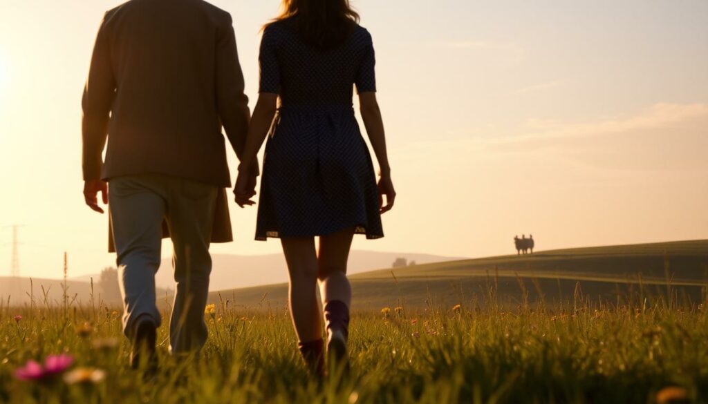 A serene, dreamlike scene from the critically acclaimed film "Eternal Sunshine of the Spotless Mind." In the foreground, a couple walks hand-in-hand through a sun-dappled meadow, their faces obscured but their body language exuding a bittersweet intimacy. The middle ground features a pastoral landscape dotted with colorful wildflowers, while the background is dominated by a soft, hazy sky with wispy clouds. The lighting is warm and diffused, creating a sense of timelessness and nostalgia. The overall mood is one of contemplation, longing, and the fragility of human memory - quintessential themes that have made this film an enduring classic and a showcase for Ellen Pompeo's versatility as an actress beyond her iconic role on "Grey's Anatomy."