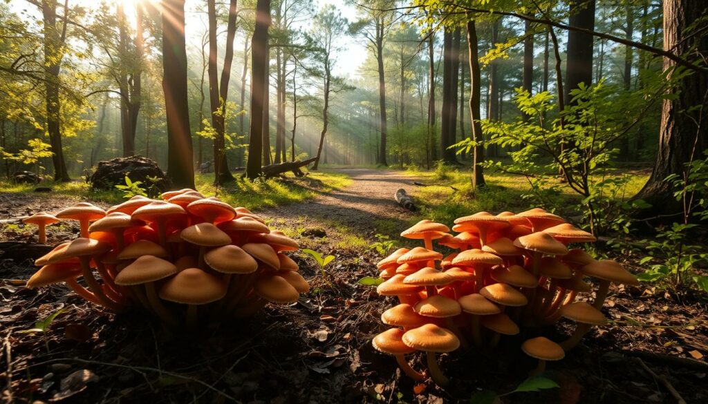 A serene forest clearing bathed in soft, warm sunlight. In the foreground, a dense cluster of vibrant mushrooms in shades of earthy browns, ochres, and oranges sprout from the damp soil, their caps unfurling like delicate hands reaching towards the heavens. In the middle ground, a winding path leads the viewer's gaze deeper into the woods, where a gentle mist clings to the towering, verdant trees. The background is a tapestry of verdant foliage, with slivers of azure sky peeking through the canopy. The overall atmosphere is one of tranquility, healing, and the restorative power of nature.