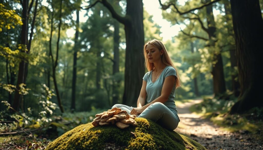 A serene forest glade, soft light filtering through the verdant canopy. In the foreground, a woman sits cross-legged on a mossy rock, gazing introspectively at the small pile of dried psilocybin mushrooms before her. Her expression is one of contemplation, a journey of the mind and spirit about to unfold. The middle ground reveals a gently winding path leading deeper into the woods, inviting the viewer to join this introspective voyage. The background features towering trees, their branches reaching skyward, creating a sense of connection to the natural world. The atmosphere is one of tranquility and introspection, a moment of healing and self-discovery.