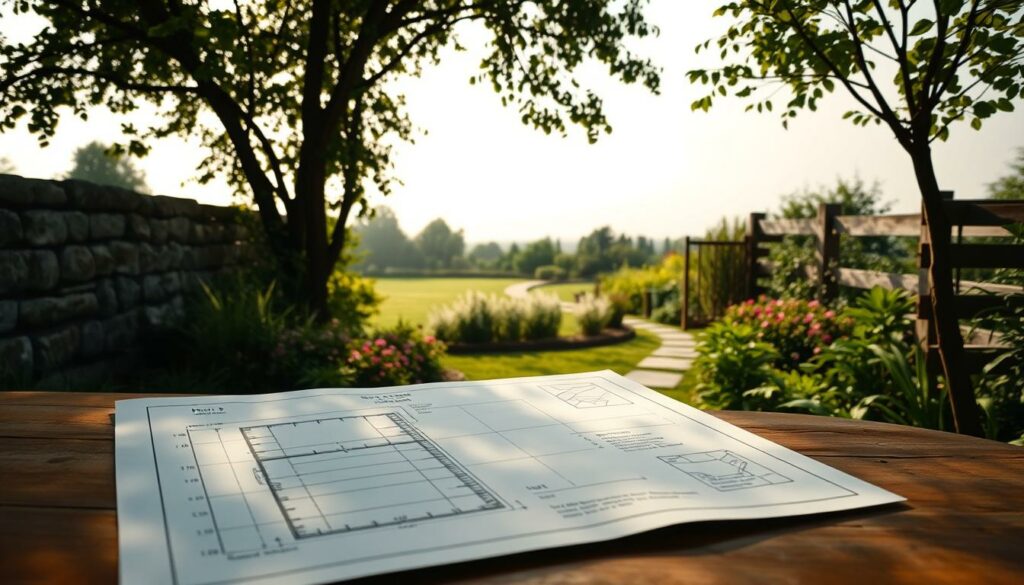 A serene garden scene with a focus on planning for garden boundaries. In the foreground, a detailed blueprint or sketch of a stone wall or wooden fence design, with measurements and annotations visible. In the middle ground, a tranquil garden landscape with lush greenery, flowers, and a meandering path. In the background, a softly lit, hazy sky, creating a sense of calm and contemplation. The lighting is natural and diffused, with subtle shadows adding depth and dimension. The overall tone is one of thoughtful preparation and a harmonious integration of the built and natural elements.