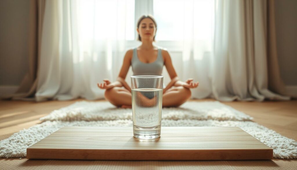 A serene indoor setting, lit by soft natural light filtering through airy curtains. In the foreground, a person sits cross-legged on a plush rug, their eyes closed in meditation, hands resting gently on their lap. They appear peaceful and focused, their body language conveying a sense of tranquility. In the middle ground, a glass of clear water sits on a simple wooden table, symbolizing the practice of water fasting. The background is minimalist, with earthy tones and muted textures, creating a calming, contemplative atmosphere. The overall scene evokes a sense of introspection and the potential for weight loss through the disciplined practice of water fasting.