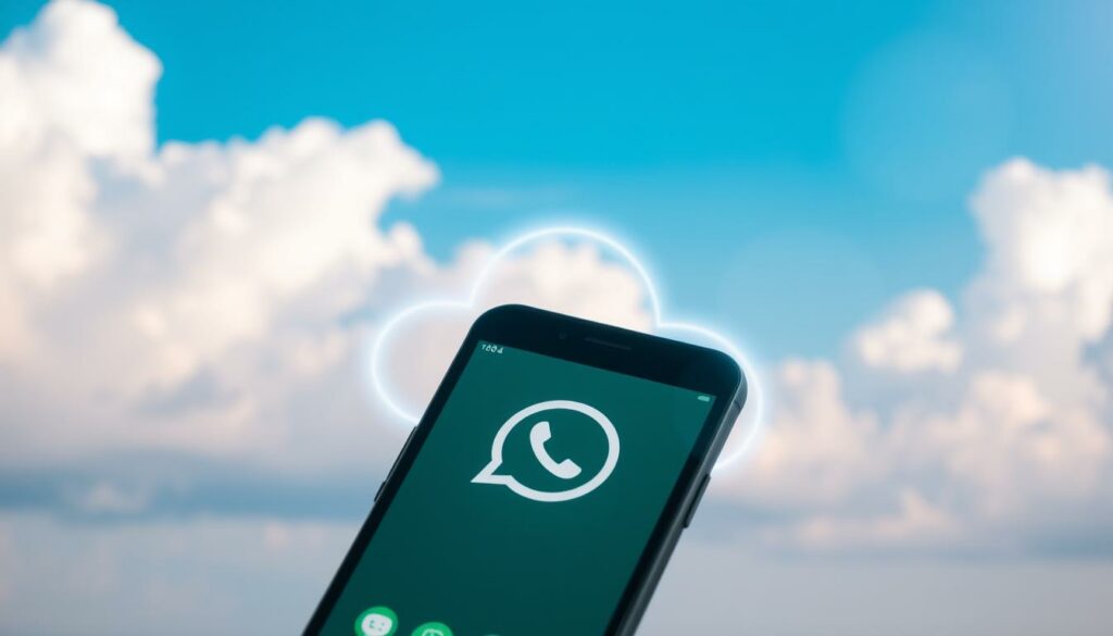 A serene landscape with fluffy white clouds drifting across a bright blue sky. In the foreground, a smartphone screen displays the WhatsApp interface, its familiar chat bubbles and icons. Surrounding the phone, a glowing, semi-transparent cloud-like structure represents digital cloud storage, symbolizing the connectivity and synchronization between the device and the remote data repository. The lighting is soft and diffused, creating a calming, almost ethereal atmosphere. The composition balances the technological elements with the natural environment, inviting the viewer to consider the interplay between our digital lives and the physical world.