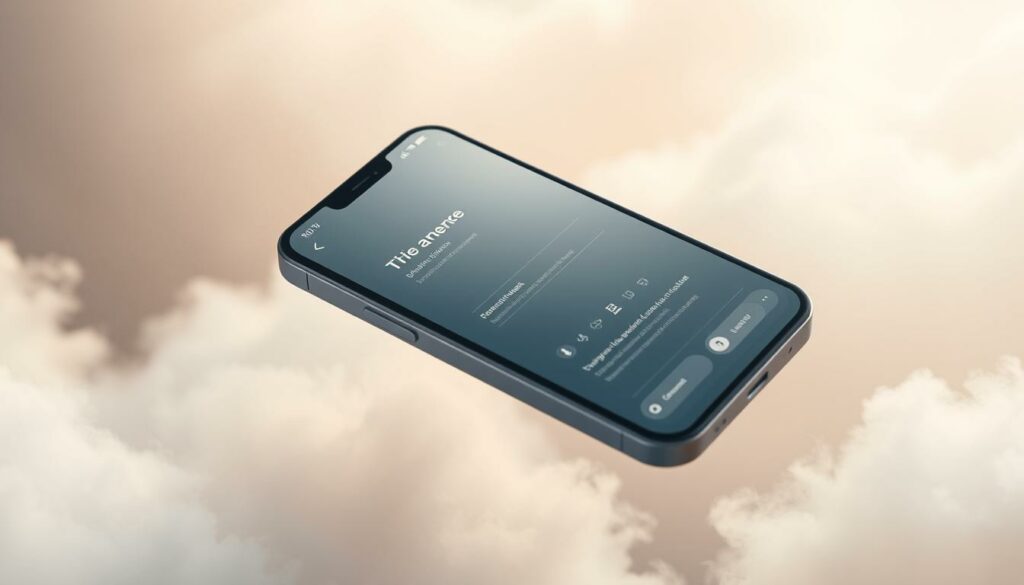 A serene, minimalist dating app interface floating in a dreamy, ethereal atmosphere. Elegant typography and clean UI elements in a sophisticated color palette of muted blues, grays, and whites convey an air of intelligence and thoughtfulness. Soft, diffuse lighting creates a warm, inviting ambiance, while the interface hovers against a subtly textured, abstract background reminiscent of clouds or mist. The overall impression is one of a refined, elevated experience for discerning individuals seeking meaningful connections.