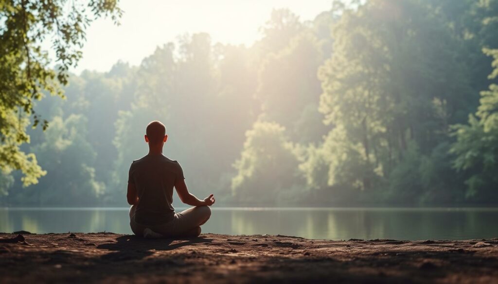 A serene, minimalist scene depicting a person meditating in a natural setting, illustrating the concept of water fasting. The foreground shows a person sitting cross-legged, eyes closed, in a peaceful, contemplative pose. The middle ground features a tranquil lake or pond, its surface reflecting the sky above. The background showcases a lush, verdant forest, with dappled sunlight filtering through the trees, creating a calming, restorative atmosphere. The overall mood is one of introspection, balance, and the rejuvenating power of water fasting.
