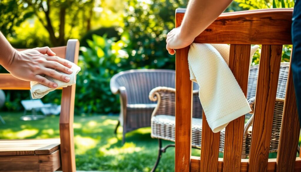 A serene outdoor scene showcasing the proper maintenance of garden furniture. In the foreground, a person diligently polishing a teak wood chair with a soft cloth, highlighting the rich, warm tones of the weathered surface. In the middle ground, a wicker loveseat is being gently brushed, restoring its vibrant, woven texture. The background features a lush, verdant garden, with sunlight filtering through the foliage, creating a soft, natural ambiance. The overall atmosphere conveys a sense of tranquility and care, encouraging the viewer to appreciate the importance of preserving the beauty and longevity of their outdoor furnishings.
