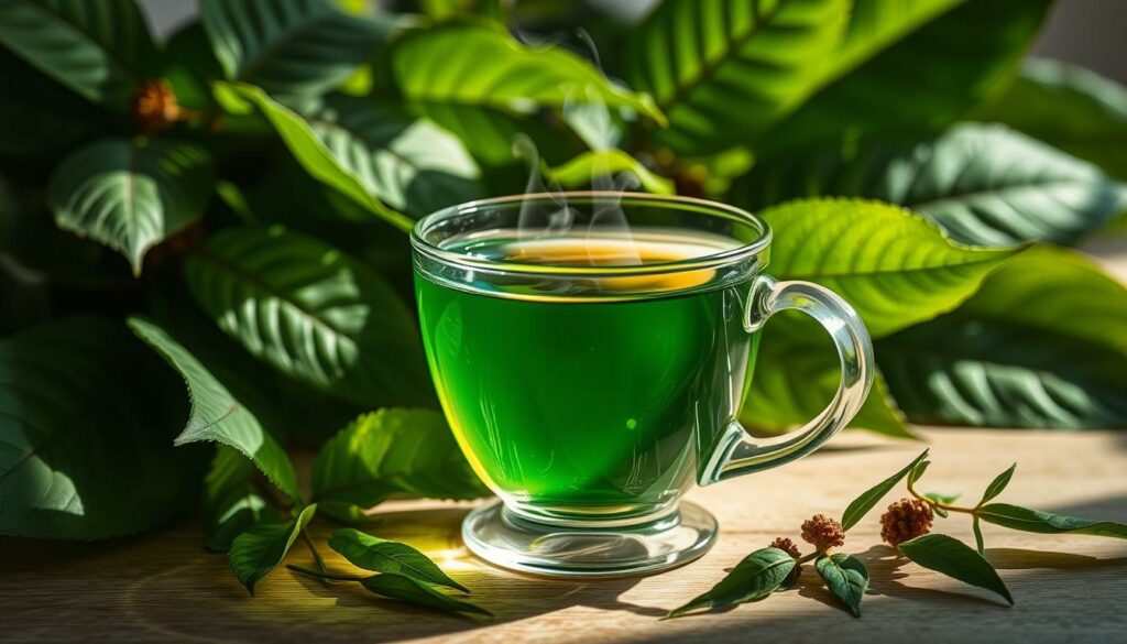 A serene still life showcasing a delicate glass teacup filled with vibrant green liquid, gently steaming. The cup is set against a backdrop of lush, verdant leaves, their intricate patterns casting soft shadows across the surface. Warm, natural lighting filters in, highlighting the subtle hues and textures of the tea and its accompaniments. A sense of tranquility and balance pervades the scene, inviting the viewer to savor the restorative properties of this ancient elixir. The composition is clean and uncluttered, allowing the focus to remain on the captivating visual elements that embody the essence of "Grüner Tee" - the fat-burning, metabolism-boosting wonder among teas.