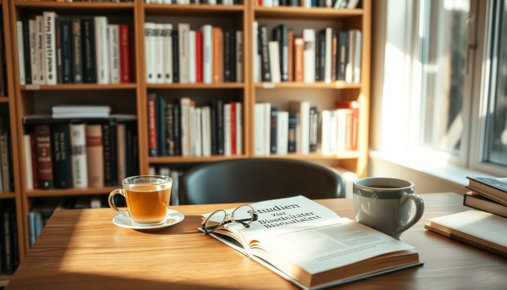 A serene study space illuminated by soft, natural lighting. On a wooden desk, an open book titled "Studien zur Bisexualität" sits alongside a cup of tea, a pair of reading glasses, and a thoughtful expression. The background features a bookshelf filled with volumes on sexuality and gender, creating an atmosphere of intellectual curiosity and contemplation. The overall scene conveys a sense of introspection and scholarly inquiry into the nuances of bisexuality.