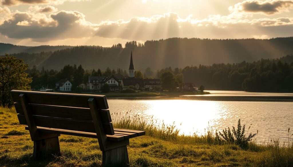 A serene summer landscape at golden hour, with a quaint German town nestled by a shimmering lake. In the foreground, a weathered wooden bench invites the viewer to sit and immerse themselves in the tranquil atmosphere. Rays of warm light filter through wispy clouds, casting a soft glow over the scene. In the distance, the silhouettes of rolling hills and dense forests create a picturesque backdrop. The overall mood is one of nostalgia and contemplation, perfectly capturing the essence of the book "25 letzte Sommer" by Stephan Schäfer.