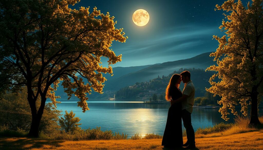 A serene summer night in a picturesque European countryside. In the foreground, a couple embraces beneath a canopy of lush, blooming trees, their silhouettes bathed in a soft, golden glow. In the middle ground, a tranquil lake reflects the starry sky above, its surface rippling gently. The background is filled with rolling hills, their slopes dotted with quaint cottages and small villages, all illuminated by the warm, romantic light of the full moon. The overall atmosphere is one of peaceful, idyllic beauty, perfectly capturing the essence of a "Romantische Sommernacht".