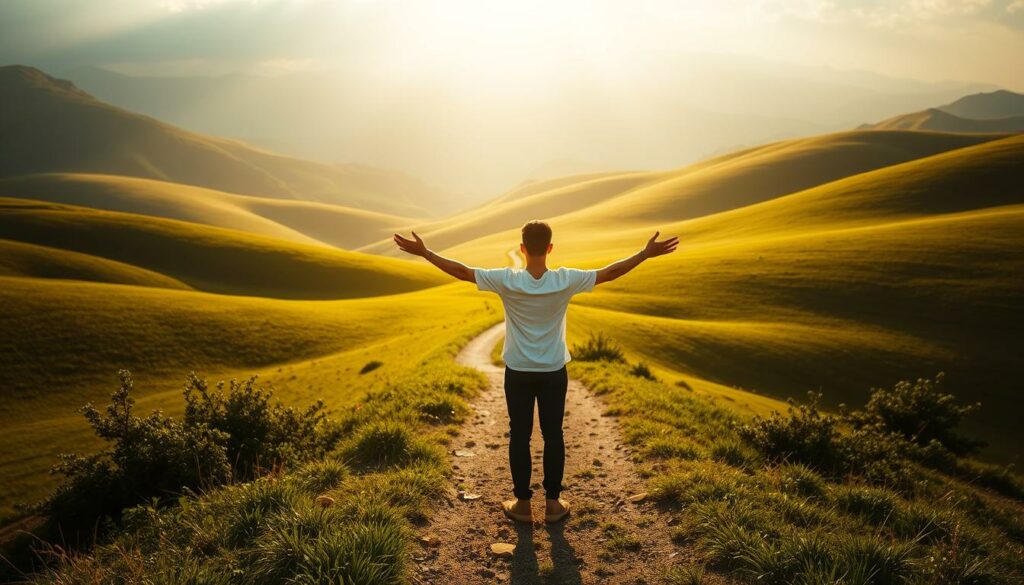 A serene, sun-dappled landscape with soft, rolling hills and lush greenery. In the foreground, a solitary figure stands facing the horizon, arms outstretched in a gesture of openness and renewal. The figure's expression is calm and introspective, radiating a sense of inner peace and spiritual awakening. In the middle ground, a path winds through the verdant scenery, inviting the viewer to embark on a journey of self-discovery. The background is bathed in a warm, golden light, creating an atmosphere of tranquility and hope. The overall composition conveys a sense of harmony, balance, and the promise of a fresh start after a period of personal crisis.