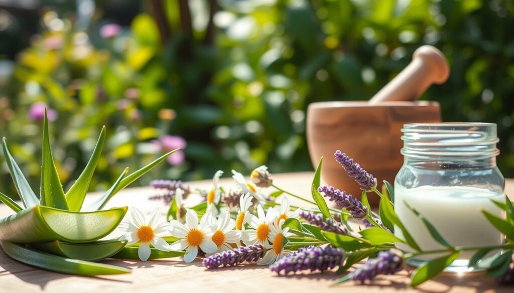 A serene, sun-dappled outdoor scene showcasing natural remedies for mosquito bites. In the foreground, an array of soothing botanicals - aloe vera, chamomile, and lavender - arranged with care. The middle ground features a wooden table with a mortar and pestle, suggesting the preparation of homemade ointments. In the background, a lush, verdant garden backdrop provides a tranquil, natural setting. Soft, diffused lighting creates a warm, inviting atmosphere, while a slightly angled camera perspective adds depth and visual interest. The overall composition emphasizes the simplicity and efficacy of natural solutions for common summer skin irritations.