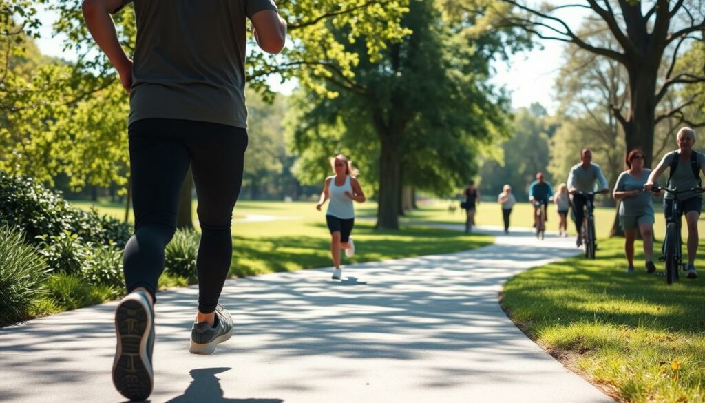 A serene, sun-dappled park setting, with a paved walking path winding through lush greenery. In the foreground, a person engaged in a brisk power walk, their stride purposeful yet relaxed. The middle ground features a jogger effortlessly gliding along the path, heart rate elevated. In the background, people of all ages and fitness levels engage in various activities - some stretching, others cycling, all immersed in the restorative effects of physical movement. The overall atmosphere conveys a sense of balance, health, and the transformative power of exercise in combating depression.