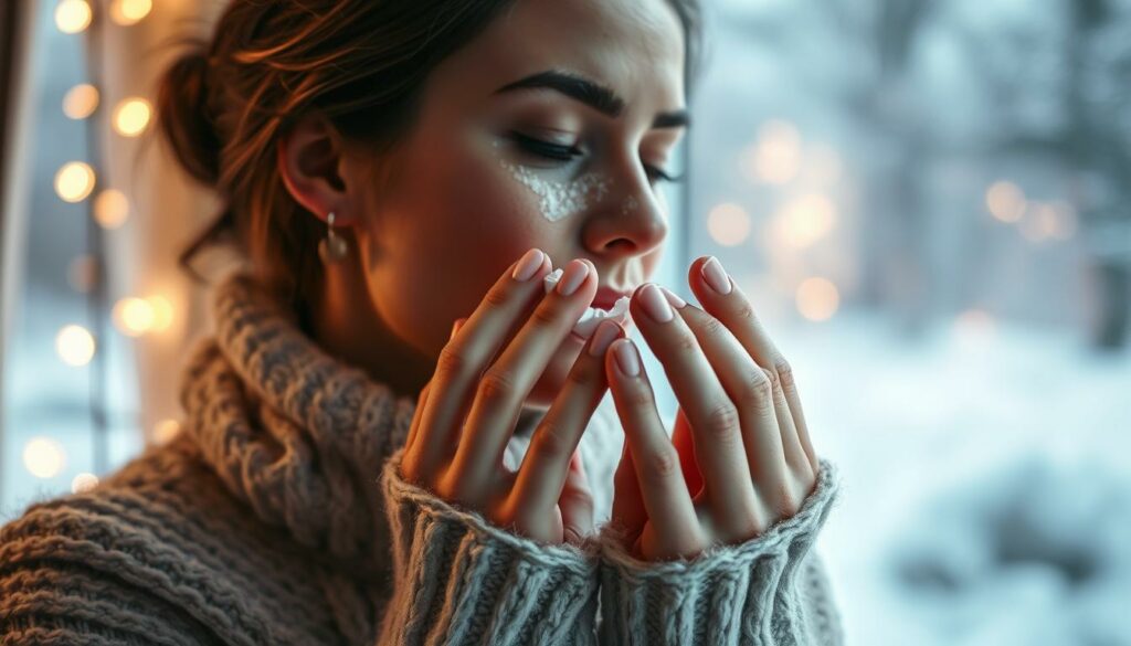 A serene winter scene depicting the care and attention required for dry skin during the cold season. In the foreground, a woman's hands gently apply a rich, nourishing moisturizer to her face, her expression one of tranquil focus. The background reveals a snow-covered landscape through a frosty window, with soft, diffused light filtering in. The lighting is warm and intimate, creating a sense of comfort and self-care. The composition is balanced, with the woman's hands taking center stage, surrounded by muted tones and a cozy, inviting atmosphere. The overall scene conveys the importance of dedicated winter skincare routines to combat the challenges of dry, weathered skin.