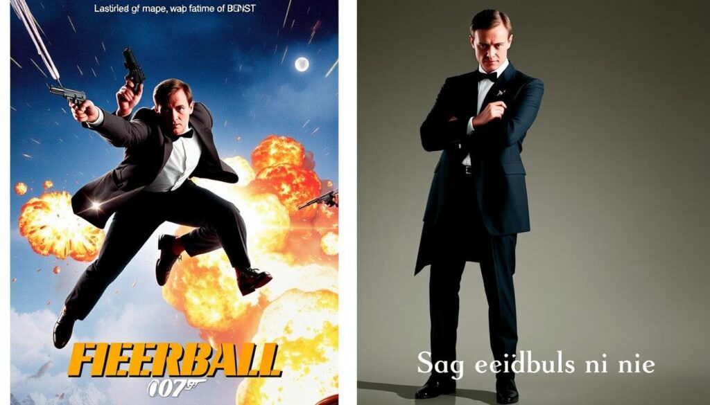 A side-by-side comparison of the iconic film posters for "Feuerball" (1965) and "Sag niemals nie" (1983). The "Feuerball" poster features a dynamic, action-packed composition with James Bond soaring through the air, surrounded by explosive energy. In contrast, the "Sag niemals nie" poster adopts a more subdued, elegant aesthetic, with Bond posed pensively against a muted, sophisticated backdrop. Subtle differences in lighting, color palette, and overall mood evoke the distinct creative visions between the two films. This visual juxtaposition highlights the nuanced shifts in the cinematic interpretations of the legendary secret agent throughout his illustrious career.