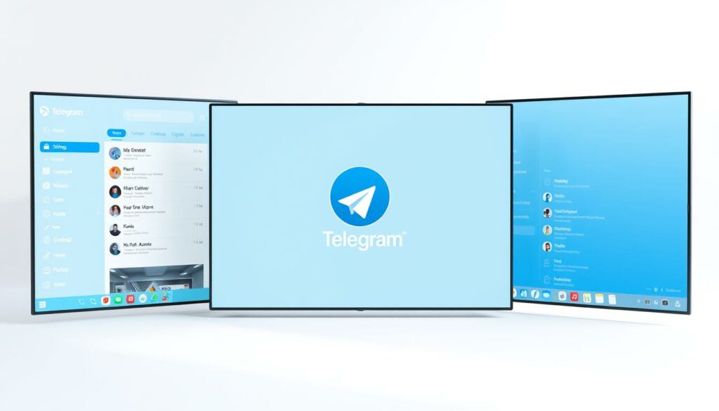 A sleek and modern Telegram desktop application, displayed against a minimalist white background. The interface features a clean, minimalist design with a prominent Telegram logo at the center. The layout showcases the core functionality of the desktop app, including messaging windows, contact lists, and various settings. Soft lighting from the sides creates depth and highlights the app's intuitive user experience. The overall mood is one of professionalism, efficiency, and digital connectivity, reflecting the key differences between the desktop and mobile versions of the Telegram platform.