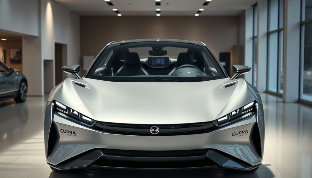 A sleek, futuristic electric vehicle sits in a well-lit showroom, its Cupra logo prominently displayed on the front grille. The car's aerodynamic silhouette and sharp creases convey a sense of power and sophistication. The interior is visible through the large panoramic windshield, showcasing a modern, driver-focused cockpit with a large central display. The lighting is soft and inviting, creating a premium atmosphere that highlights the Cupra Born's impressive features and value proposition. A sense of balance between performance and practicality is conveyed through the vehicle's proportions and design details.