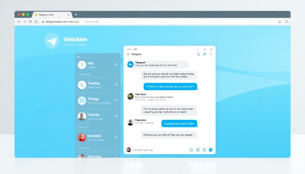 A sleek, modern web interface for the Telegram messaging app, featuring a clean, minimalist design with a focus on functionality. In the foreground, the main Telegram web window is displayed, showcasing a conversation with crisp, high-resolution graphics and intuitive user controls. The middle ground depicts various Telegram web features such as file sharing, voice and video calls, and customizable settings. The background provides a sense of depth, with a subtle gradient or texture complementing the app's branding. The overall scene conveys a sense of efficiency, connectivity, and ease of use, reflecting the core capabilities of the Telegram web experience.