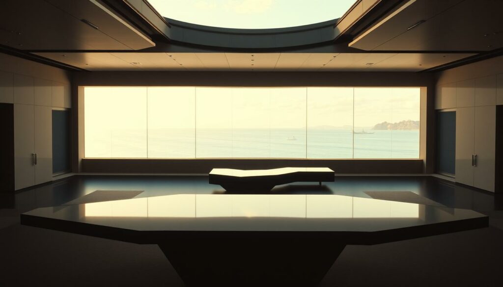 A sleek, modernist set design by legendary production designer Ken Adam for the 1962 James Bond film "Dr. No". The foreground features a striking minimalist aesthetic with clean lines, sharp angles, and geometric shapes in shades of gray and black. The middle ground showcases a large, boldly angular desk with a reflective surface. In the background, a massive wall-to-wall window reveals a breathtaking view of the Caribbean sea, bathed in warm, golden sunlight. The overall atmosphere evokes a sense of sophisticated elegance, technological prowess, and understated power - capturing the iconic visual style that would define the Bond franchise for decades to come.