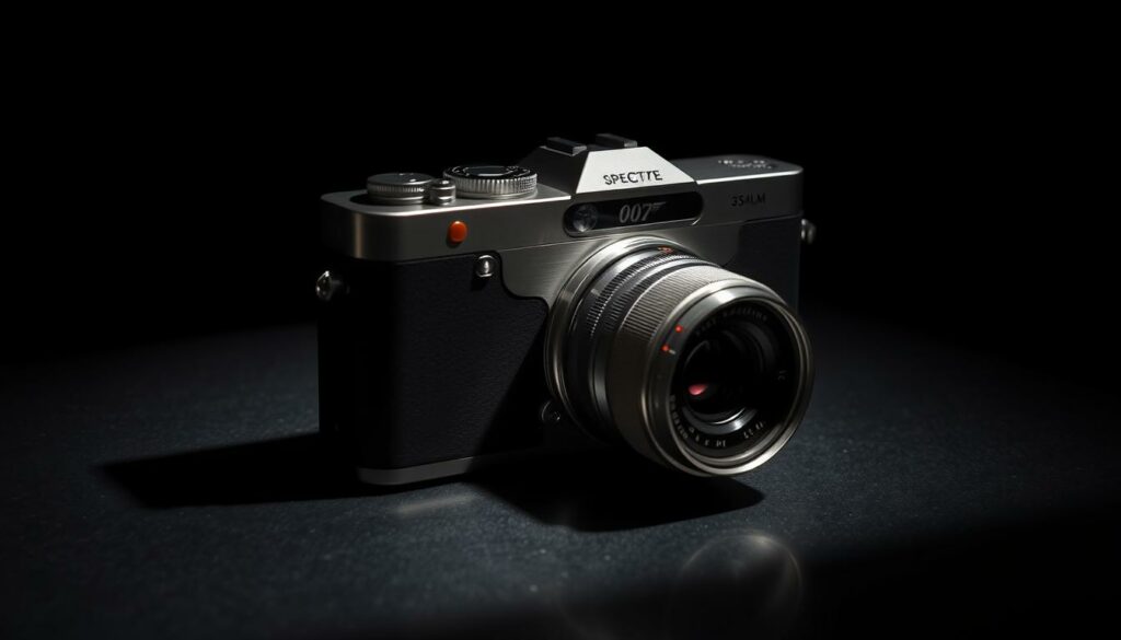 A sleek, vintage-inspired 35mm film camera rests on a dark, moody surface. The brushed metal body gleams under dramatic lighting, casting sharp shadows that accentuate its angular design. The lens barrel protrudes with precision, hinting at the camera's advanced Kameratechnik capabilities. In the background, a faint reflection of the camera is visible on a glossy surface, creating a sense of depth and atmosphere. The overall aesthetic evokes the cinematic flair of the Spectre film, with a touch of old-world elegance and modern technological prowess.