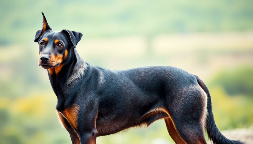 A sleek, well-groomed Kurzhaar-Hund with a lustrous, shiny coat stands majestically in a natural setting. Soft, diffused lighting accentuates the dog's lean, muscular physique and alert, intelligent expression. The pup's short, dense fur glistens as if freshly groomed, highlighting its striking features. In the background, a blurred, verdant landscape sets the scene, conveying a sense of tranquility and the breed's affinity for the outdoors. The camera angle is slightly elevated, lending a regal, statuesque quality to the Kurzhaar-Hund's pose, showcasing its distinctive characteristics and the breed's inherent nobility.