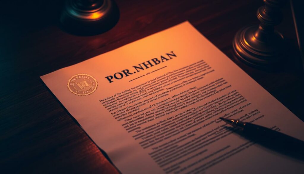 A sober and austere legal document with an official seal, cast in a warm, amber-tinted light, resting on a dark, wooden desk. The document's text is indistinct, hinting at the complex legal implications of the Pornhub ban. The background is blurred, creating a sense of focus on the central document, symbolizing the gravity of the situation. The composition is balanced, with clean lines and a sense of formality befitting the legal subject matter. The overall mood is one of contemplation and the weight of consequence.