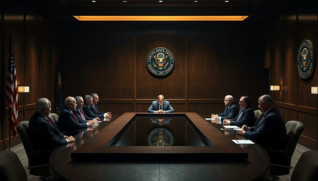 A solemn and authoritative gathering of government officials, seated around a sleek, rectangular conference table in a dimly lit, oak-paneled room. Subtle shadows cast a pensive atmosphere, while soft, indirect lighting illuminates their serious expressions. The walls are adorned with American flags and official seals, conveying a sense of gravitas and institutional importance. The figures are dressed in professional attire, exuding a sense of purpose and responsibility as they engage in a high-level discussion on reforming the State Department. The overall scene evokes a sense of deliberation and decision-making at the highest levels of government.