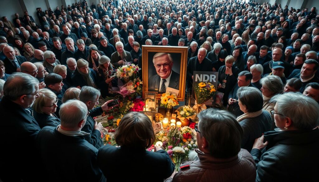 A solemn gathering of mourners, family, and devoted fans surrounds a portrait of the late Carlo von Tiedemann, the iconic NDR broadcaster. In the foreground, a group of somber individuals offer their condolences, their expressions reflecting the gravity of the moment. The middle ground features a mix of bouquets, candles, and personal mementos, creating a poignant memorial. In the background, a sea of attendees stands in quiet reverence, their faces etched with a profound sense of loss. The lighting is soft and muted, casting a palpable aura of melancholy over the scene. Captured with a wide-angle lens, the composition emphasizes the depth and scale of this collective outpouring of grief, paying tribute to the enduring legacy of the beloved broadcaster.