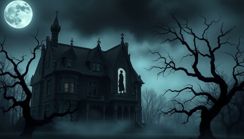 A somber Victorian manor set against a moonlit, fog-shrouded landscape. The façade features Gothic architecture with sharp spires and ornate stone carvings. Twisted, gnarled trees surround the estate, their bare branches reaching skyward. A lone figure, silhouetted in the window, gazes out with an air of brooding melancholy. Dramatic chiaroscuro lighting casts deep shadows, creating an ominous, dreamlike atmosphere. The overall scene evokes the haunting, whimsical aesthetic of Tim Burton's cinematic vision, hinting at the dark, supernatural undertones of the "Wednesday" series.