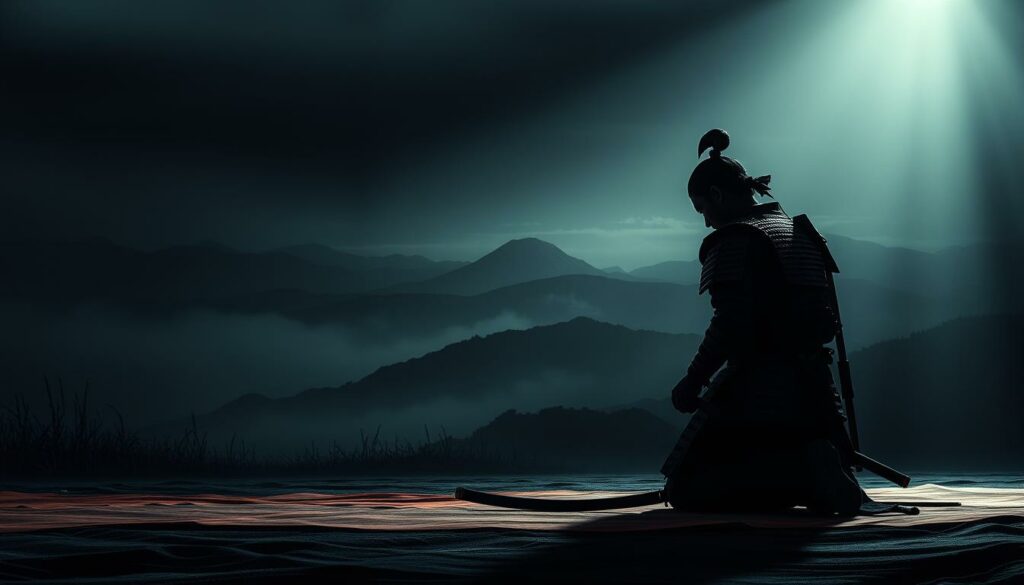 A somber and introspective scene depicting the Bushido code under critical examination. In the foreground, a Japanese warrior kneels, his armor and sword placed before him, as he contemplates the principles that once guided his actions. The middle ground reveals a scrolling landscape of distant mountains shrouded in mist, symbolizing the complexities and contradictions inherent in the Bushido way. The background is illuminated by a single beam of light, casting a pensive, almost melancholic atmosphere. The overall composition conveys a sense of introspection, prompting the viewer to consider the merits and limitations of the Bushido code in a modern context.