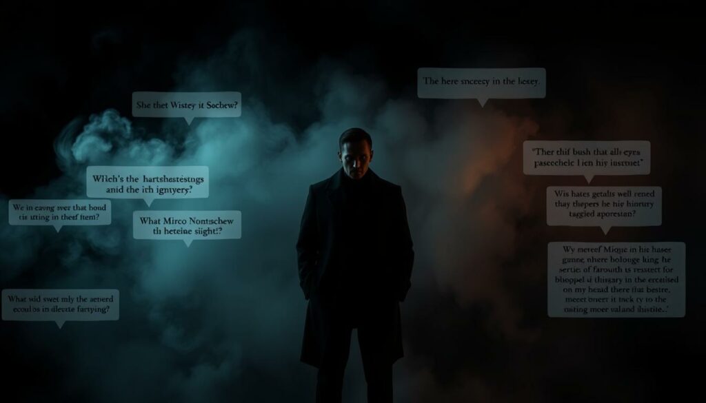 A somber, eerie atmosphere shrouds a somber scene. In the center, a shadowy figure representing the late comedian Mirco Nontschew stands, partially obscured by a mist-like haze. Around him, speculative whispers and unsubstantiated rumors swirl, depicted as ghostly, indistinct voices and fragments of text. The background is a muted, mournful palette, with muted colors and a sense of unease. Dramatic lighting casts deep shadows, heightening the sense of mystery and uncertainty surrounding the untimely demise. The composition is balanced yet unsettling, inviting the viewer to ponder the unanswered questions and lingering speculation about Nontschew's tragic passing.