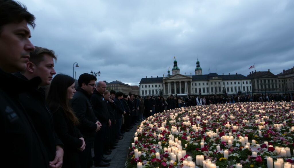 A somber gathering in Graz, Austria, against a backdrop of somber gray skies. In the foreground, a group of solemn figures, dressed in black, gather to mourn and protest. Their faces etched with grief and determination. In the middle ground, a sea of candles and flowers, a silent vigil for those lost. The scene is bathed in a soft, diffused light, creating an atmosphere of reverence and contemplation. In the distance, the imposing silhouettes of government buildings, a reminder of the political forces at play. The overall mood is one of sorrow, but also of resolve - a community coming together to demand change, to honor the victims, and to shape the future.