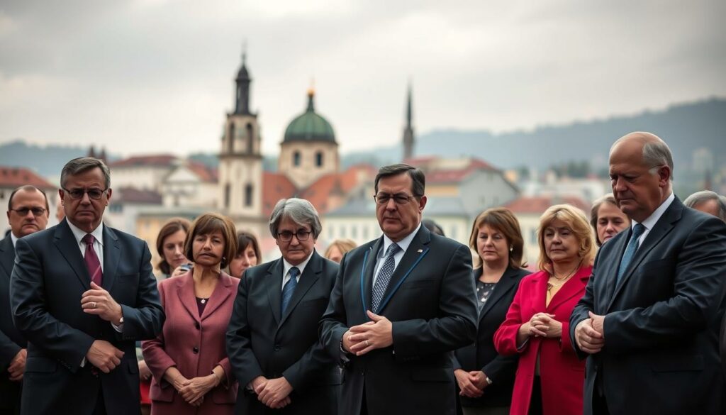 A somber gathering of politicians and officials, dressed in formal attire, stands against a backdrop of the historic Graz cityscape. Soft, diffused lighting casts a contemplative mood, as they express their shock and sorrow over the tragic school shooting. Hands clasped, brows furrowed, the group conveys a sense of unified grief and determination to address the issue. The scene captures the weight of the moment, with the majestic architecture of Graz serving as a poignant reminder of the community's resilience in the face of such a devastating event.