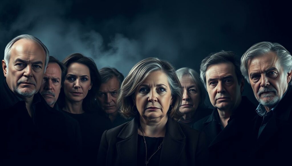 A somber group portrait of the deceased cast members of the popular German television series "Ein starkes Team". In the foreground, the faces of the departed actors are illuminated with a muted, melancholic lighting, their expressions solemn yet dignified. In the middle ground, a misty, ethereal backdrop suggests the transient nature of life, while the deep shadows in the background evoke a sense of contemplation and remembrance. The composition is balanced and cohesive, with a moody, introspective atmosphere that honors the legacy of these talented performers.