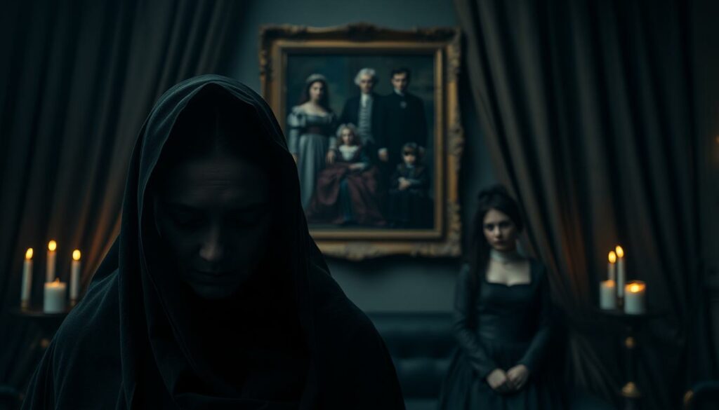A somber, melancholic portrait of a royal family engulfed in personal tragedies. In the foreground, a weeping matriarch cloaked in a dark veil, her eyes downcast, conveying a sense of deep grief. In the middle ground, a family portrait hangs on the wall, the subjects' expressions solemn and haunted. The background is shrouded in a moody, muted palette, with heavy curtains and a shadowy, candlelit ambiance, evoking a sense of profound loss and sorrow. The lighting is soft and chiaroscuro, creating an atmosphere of subdued drama and emotional intensity.