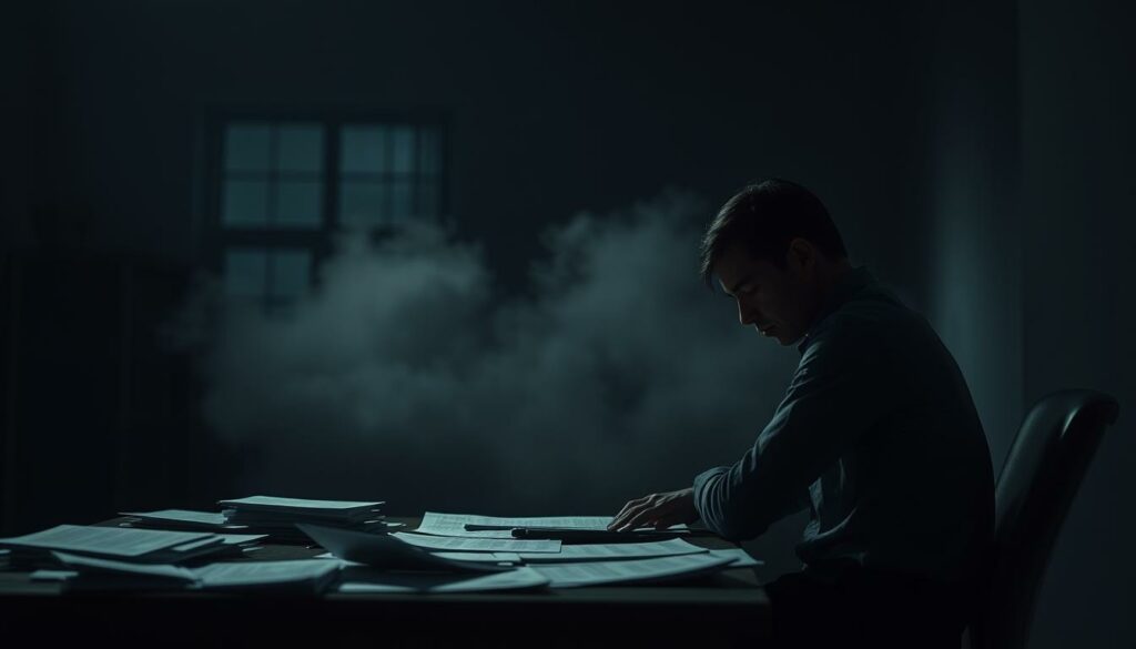 A somber scene set in a dimly lit room. In the foreground, a figure sits hunched over a desk, papers and documents strewn about, a pensive expression on their face. The middle ground is shrouded in a cloud of uncertainty, hinting at the accusations of fraud that hang in the air. The background is blurred and indistinct, emphasizing the isolation and weight of the situation. Subtle lighting casts shadows that add depth and drama, while a muted color palette evokes a sense of tension and unease. The overall composition suggests a narrative of betrayal, with the subject's posture and facial expression conveying a heavy burden of guilt or defensiveness.